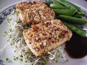 breaded tofu with snap peas at Byow in East Vancouver