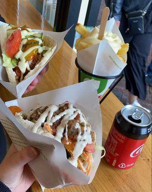 2 pitas and small fries with vegan mayo at Maoz - Damrak in Amsterdam