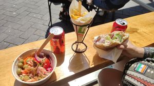 Fried mushroom bowl and Falafel pita + fries at Maoz - Damrak in Amsterdam