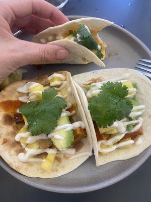 Vegan tacos with tofu, tomato sauce, pineapple, garlic mayo and coriander   at Eat Pray Love in Lisbon