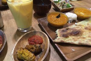 Menu set with mango lassi with soy milk at Shama Vegetarian Indian Restaurant in Osaka