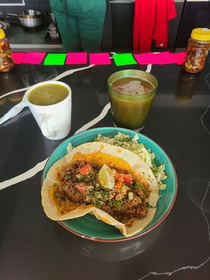 Lentil based, Mediterranean style taco. Split pea/callaloo soup. Tamarind/Rose juice at Marianna's Kitchen in Kingston