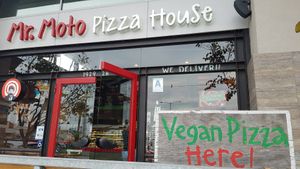 Sign says vegan but should be vegetarian according to guy behind the counter at Mr. Moto Pizza in San Diego