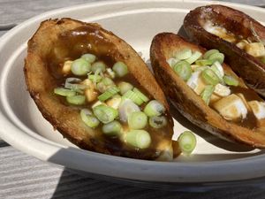 These poutine potato skins were lip smacking guud!! Love how the vegan cheese melted to perfection and the spices in the gravy were mmmmm guud!!  at Guud & Evul in Tonawanda
