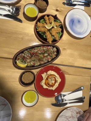 appetizers; lentil köfte, eggplant salad and hummus  at Sisters' Plant Based in Goreme