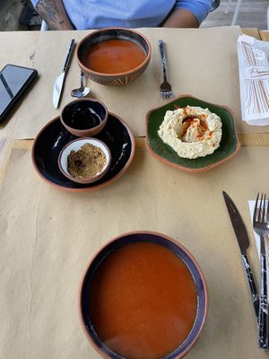 Hummus and tomato soup   at Sisters' Plant Based in Goreme