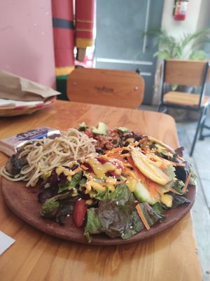 Vegan ceviche/ salad/ mushroom pasta - menu of the day at Trigo Verde in Oaxaca