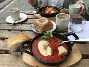 Vegan shakshuka and strawberry bun  at Bächle in Freiburg