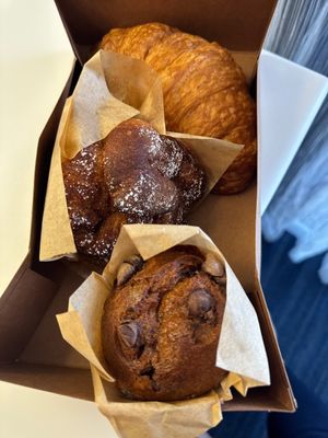 Buttery croissant, monkey bread and banana choco muffin  at The Crema Cafe in Seal Beach