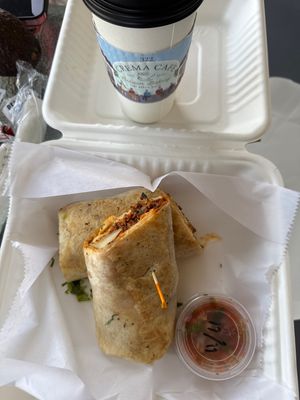 Vegan breakfast burrito. Decaf oat mylk vanilla latte - $1.50 upcharge  at The Crema Cafe in Seal Beach