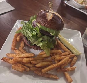 Beyond Death Burger w/ pretzel bun  at North Coast Brewing Co in Fort Bragg