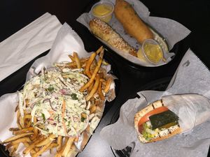 (Clockwise) Buffalo Fries, Pretzel Dog, Corndog,  Chicago Char Dog  at Fry Like An Eagle in Chicago
