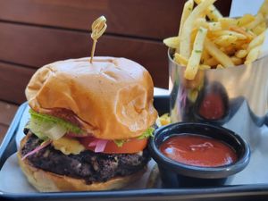 Black bean burger and fries at Stache West Hollywood in West Hollywood