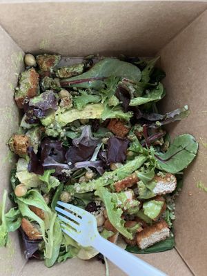 Protein Salad!!! So delicious! All vegan. Comes with a green dressing,Croutons & vegan sliced fried chickn cut into small pieces, quinoa,chickpeas,avocado,pumpkin seeds,spring mix  at Stache West Hollywood in West Hollywood