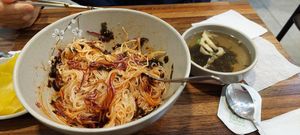 Spicy noodles after we mixed them up. at Daom Noodle 다옴국수 in Seoul