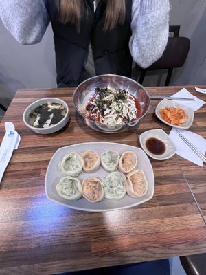 Vegetable mandu and spicy nudles  at Daom Noodle 다옴국수 in Seoul