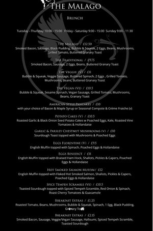 Brunch menu (vegan options marked VE)   at The Malago in Bristol