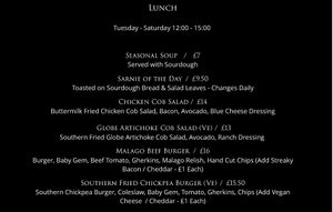 Lunch menu (vegan options marked VE)   at The Malago in Bristol