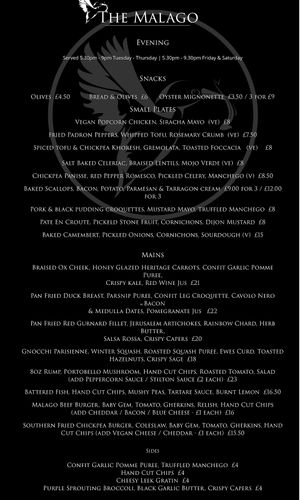 Dinner menu (vegan options marked VE)   at The Malago in Bristol