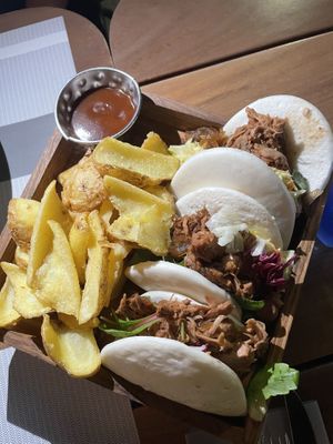 Amazing yummy Bao Buns with Jackfruit and delicious Fries and BBQ sauce😛 at Cafe Central in Ayia Napa