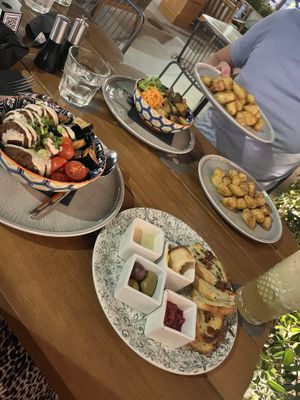 Falafel Bowl & Garlic Bread WITHOUT cheese + hummus and olives  at Cafe Central in Ayia Napa