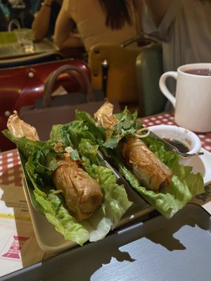 Spring rolls that were more like prawn rolls— incredible! at Veggie4Love in Hong Kong Island