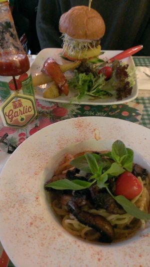 pasta + way-too-tall burger @ Veggie SF at Veggie4Love in Hong Kong Island