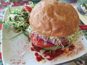 Burger - The Drama Queen
Crispy soy platter with Korean Spicy Sauce & home Made Soy Basil Mayo, Alfalfa, Onion, Potato Pumpkin Wedges & Mixed Salad at Veggie4Love in Hong Kong Island