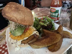 Ranch burger - crispy soy patty with creamy garlic sauce (added avocado). Massive  at Veggie4Love in Hong Kong Island