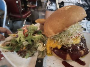 BBQ “beef” burger (added vegan cheese) - also massive   at Veggie4Love in Hong Kong Island