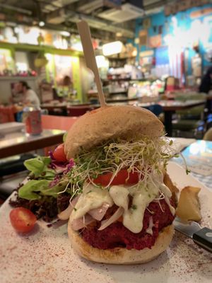 Ginormous burger! The patty was a bit too soft to our liking, but the overall taste made this a winner. at Veggie4Love in Hong Kong Island