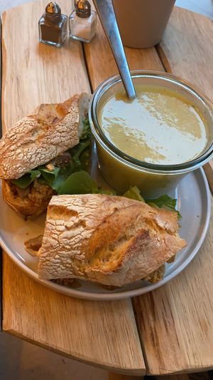 Tofu/mushroom sandwich and potato/leek soup    at Taylor's Cafe in Brussels
