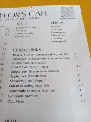 Cold drinks and tea menu at Taylor's Cafe in Brussels