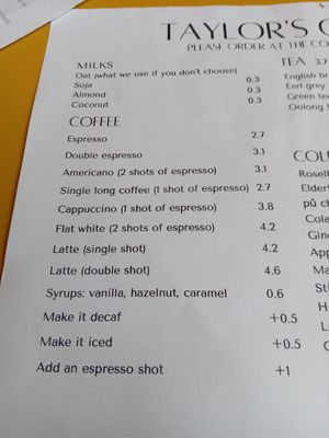 Milks and coffee menu at Taylor's Cafe in Brussels