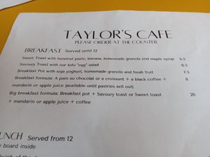 Breakfast menu at Taylor's Cafe in Brussels
