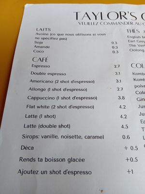 Milks and coffee menu at Taylor's Cafe in Brussels