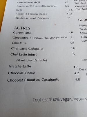 Warm drinks menu at Taylor's Cafe in Brussels