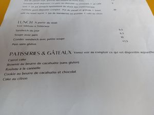 Lunch and pastries and cakes menu (French) at Taylor's Cafe in Brussels