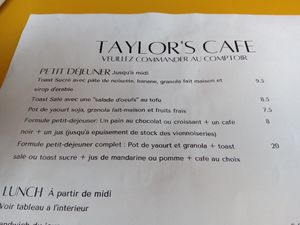 Breakfast menu at Taylor's Cafe in Brussels