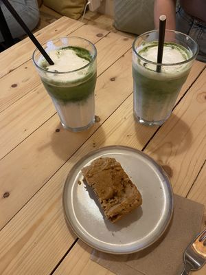 Iced matcha with coconut milk, blondie  at Taylor's Cafe in Brussels