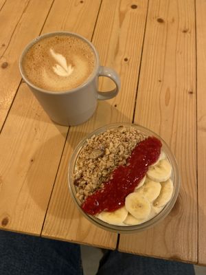Dirty chai and yoghurt bowl  at Taylor's Cafe in Brussels