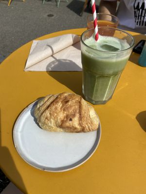 Pastry and matcha  at Taylor's Cafe in Brussels
