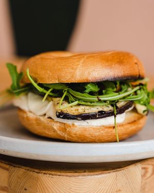 Bagel with vegan mozzarella, aubergine, sun-dried tomatoes and pine nuts  at Taylor's Cafe in Brussels