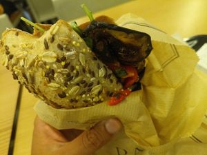 Sad hummus eggplant sandwich at Paul  in Lisbon