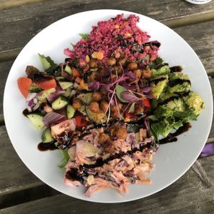 Hummus veg and chickpea salad  at Riverside Cafe in Newcastle Emlyn