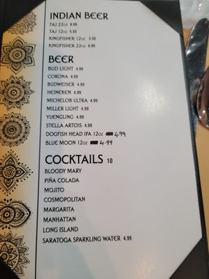 Drink menu at Aroma Indian Cuisine in Naples