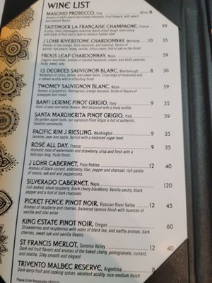 Wine list at Aroma Indian Cuisine in Naples