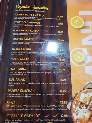 Vegetarian options at Aroma Indian Cuisine in Naples