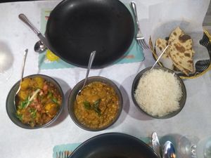 Aloo Gobi, Veg Chettinaud, Rice, and Roti at Aroma Indian Cuisine in Naples