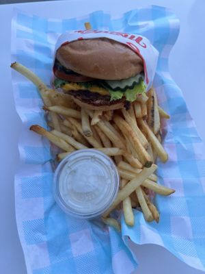 Single burger  at Monty's Good Burger - Culver City in Culver City
